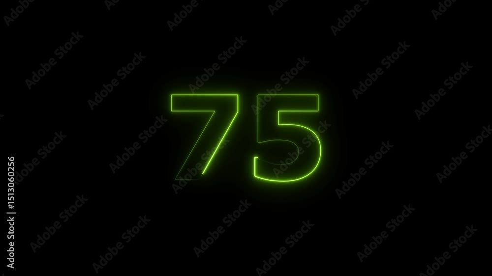 Poster seventy five number display neon bright flat style lime green color animation. glowing lime green ne
