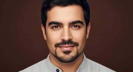 Obraz premium Close-Up Portrait of a Man Isolated on Brown Background – Neutral Studio Lighting and Minimal Style