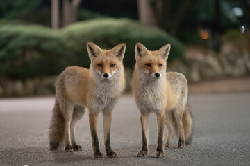 Fototapeta premium night foxes on deserted road their bold gaze highlighting texture of their fur