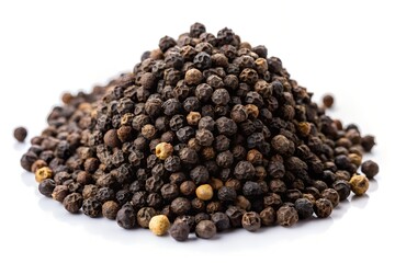 Pile of Aromatic Dried Black Peppercorns Scattered on White Surface, Culinary Spice Ingredient