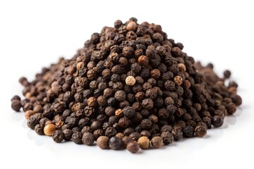 Pile of Aromatic Whole Black Peppercorns on White Background, Spice for Cooking and Seasoning