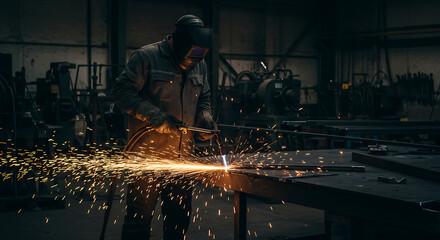Worker Cutting Metal with Torch in Workshop