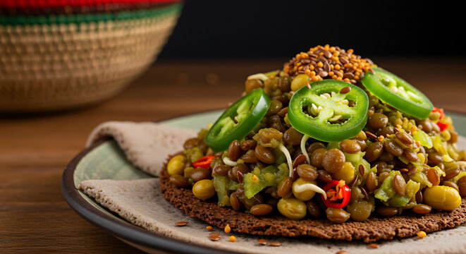 Ethiopian Azifa lentil salad - sprouted legumes with jalape&ntilde;o rings and lime juice. Visible sprout tails curling, served on injera crisp with flax seed sprinkle 