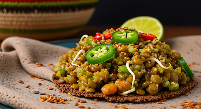 Ethiopian Azifa lentil salad - sprouted legumes with jalape&ntilde;o rings and lime juice. Visible sprout tails curling, served on injera crisp with flax seed sprinkle 