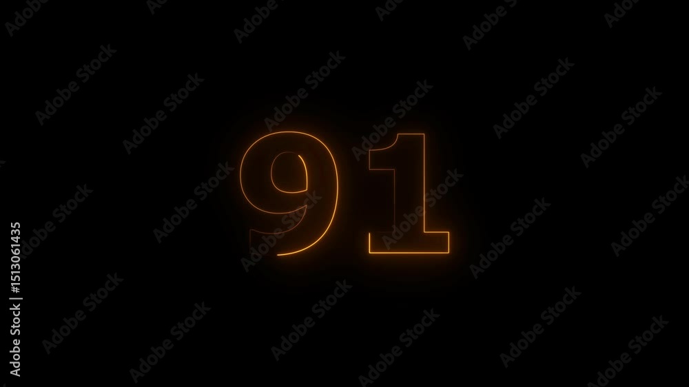Poster ninety one number display neon bright flat style orange color animation. glowing orange color neon c