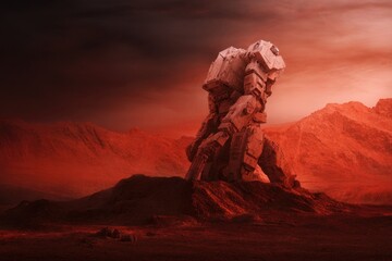 Mysterious rocky landscape glows under surreal red sky, evoking
