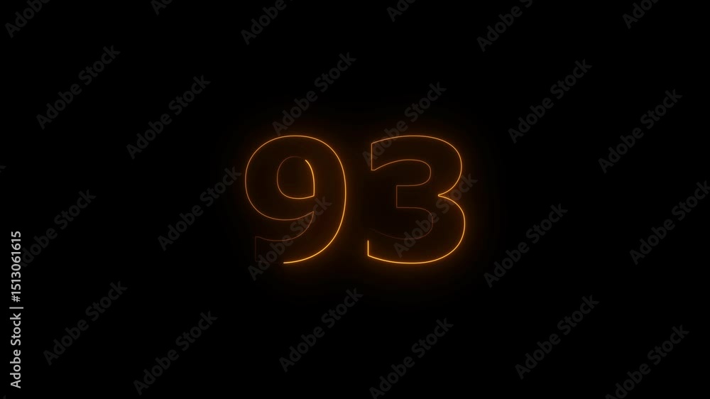 Poster ninety three number display neon bright flat style orange color animation. glowing orange color neon