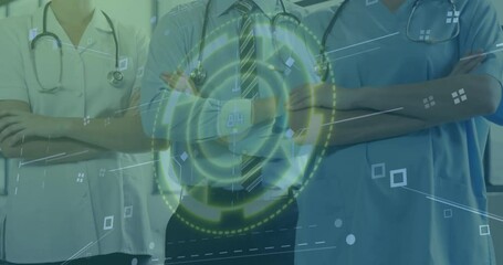 Glowing interface pulsing, medical team revealing faces and showcasing confidence in hospital hall - Powered by Adobe