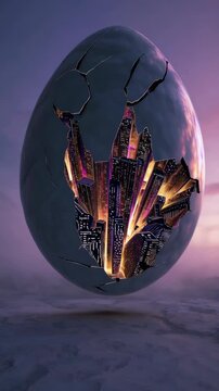 Giant egg hatching futuristic city over frozen wasteland