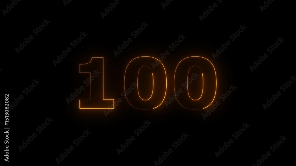 Poster one hunded number display neon bright flat style orange color animation. glowing orange color neon c