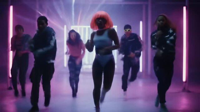 Energetic dance group club scene