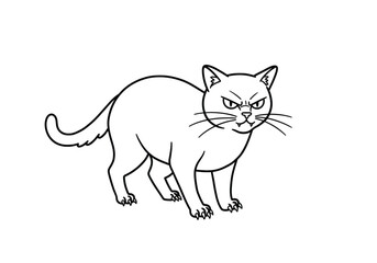 Obraz premium Angry cat drawing. It is a black and white outline image of an irate feline, a domestic animal showing an aggressive and displeased expression. Vector sketch line art draw.