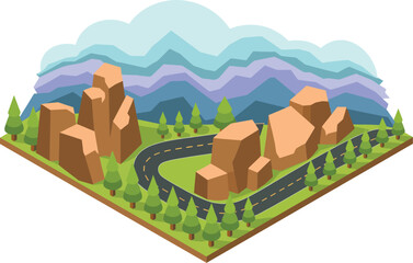 Isometric landscape with winding road, rocks, trees, and layered mountain background.