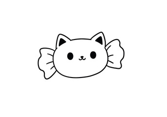 Fototapeta premium Candy cat drawing. It is a black and white outline image of a sweet feline, a charming creature shaped like a wrapped candy, combining cuteness and confectionery. Vector sketch line art draw.