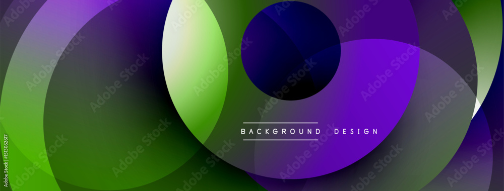 Poster abstract gradients form overlapping circles. vibrant purple, green hues dominate design. modern aest