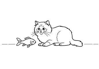 Cat and fish drawing. It is a black and white outline image of a furry feline, a domestic animal observing a fish, representing a common animal interaction. Vector sketch line art draw.