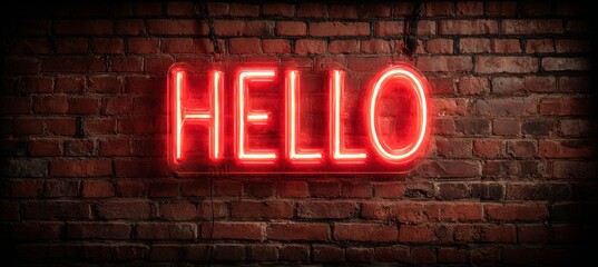 Red neon Hello word on brick wall background. Business sign welcome. Generative AI technology.	
