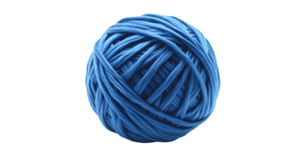 A single ball of bright blue yarn sits  a stark  in a studio setting isolated on transparent background