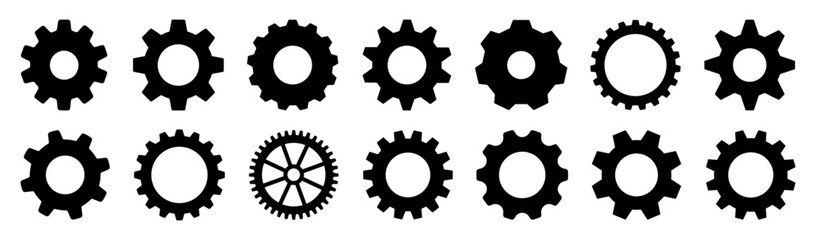 Collection of black gear silhouettes – Set of mechanical cogwheel icons for engineering, industrial, and technical design. Engineering or app interface concept vector illustration.