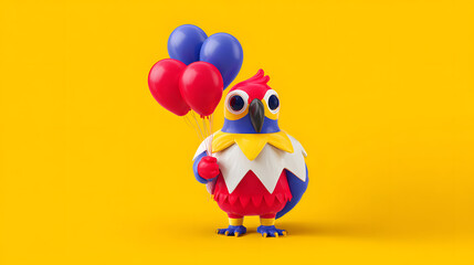 A colorful cartoon bird holding red and blue balloons stands against a bright yellow background.