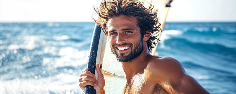Handsome Man Surfer Smiling Brightly on the Beach, Confident Summer - Powered by Adobe