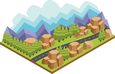 Isometric Mountain Road Landscape with Trees, Rocks, and Layered Mountain Background Illustration.
