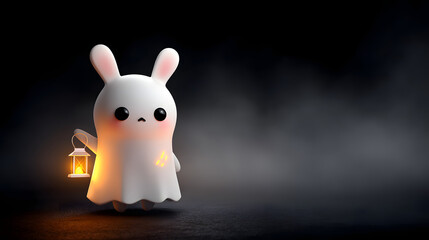 A cute bunny dressed as a ghost holds a glowing lantern, standing against a dark, moody background.