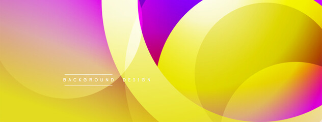 Abstract vibrant background. Overlapping circles create dynamic gradient effect. Yellow, pink, purple hues dominate composition. Modern design element.