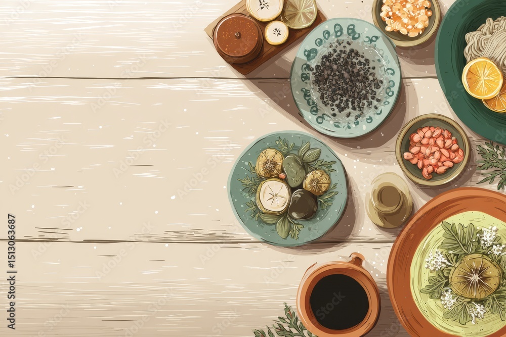 Poster creative plant-based meal layout on a rustic wooden table showcasing vibrant colors and diverse text