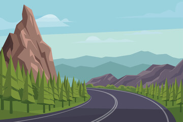 Scenic Mountain Road Trip:  Flat Vector Illustration of Nature and Travel