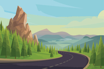 Scenic Mountain Road Illustration with Pine Trees, Blue Sky, and Distant Peaks