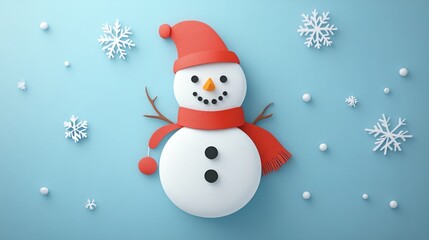 Cute Snowman on Light Blue Background with Snowflakes