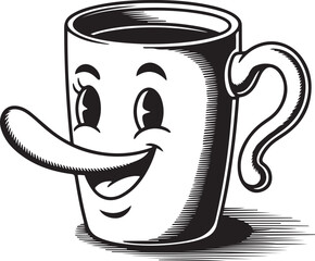 groovy retro coffee mug cartoon character vector illustration black color