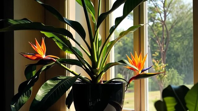 Flowering bird of paradise plant in bright indoor setting  
