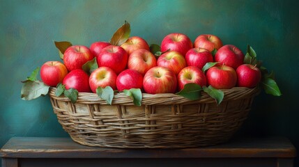 Abundance of Red Apples Nestled in Woven Basket: A Harvest Bounty Still Life Composition