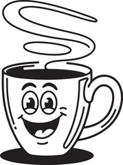 groovy retro coffee mug cartoon character vector illustration black color