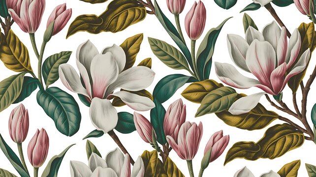 Elegant botanical seamless pattern of delicate magnolia flowers and vibrant green leaves on white background