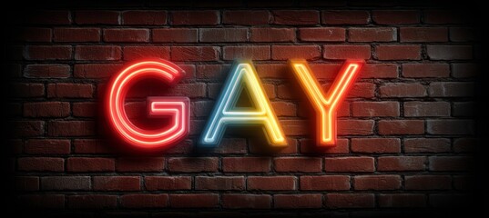Gay colorful neon light sign. LBGT gender equality pride movement symbol. Generative AI technology.	
