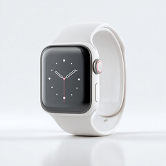 Minimalist white smartwatch with analog-style clock face on white background. High-resolution image perfect for tech branding, UI mockups, lifestyle visuals, and wearable product design.