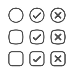 Blank checkbox, with check or cross isolated white background vector symbol for right and wrong choices. Todo list, Choice list. Checkmark icon set. Checkmark right symbol tick sign.