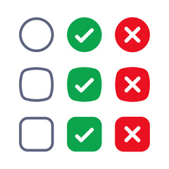 Blank checkbox, with green check or red cross isolated white background vector symbol for right and wrong choices. Todo list, Choice list. Checkmark icon set. Checkmark right symbol tick sign.