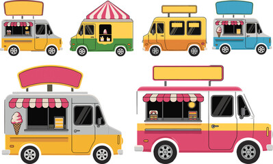 Colorful food trucks, ice cream vans, mobile dessert trucks, street food vehicles, summer treats, outdoor catering, food service, fun design