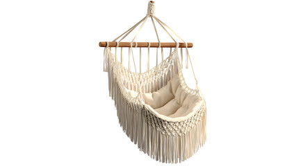 Obraz premium A hanging hammock chair with fringe, isolated on white background