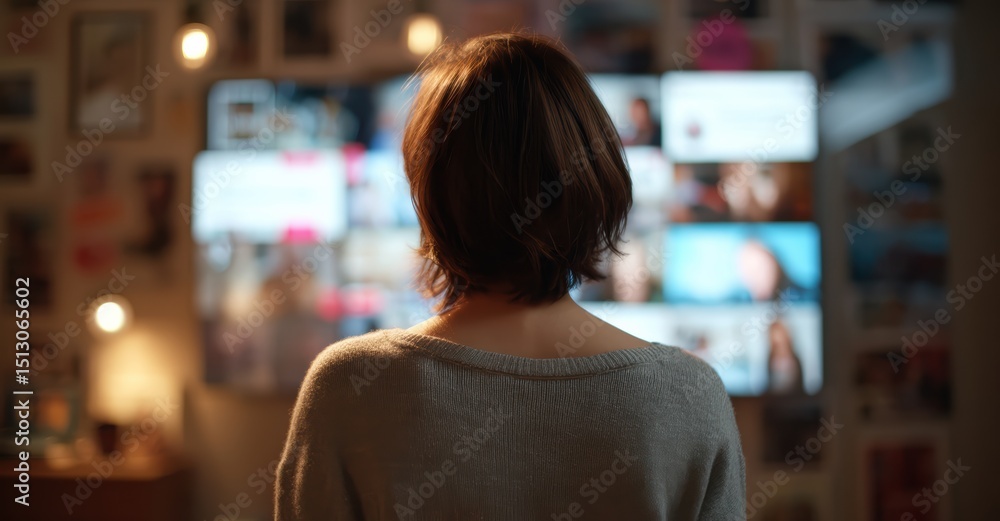 Poster woman stands in front of large screen displaying various images and content, creating captivating at