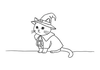 Cat halloween drawing. It is a black and white outline image of a festive feline, a cute cat wearing a witch's hat and cloak, ready for Halloween. Vector sketch line art draw.