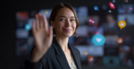 Confident woman waves while standing in front of digital background filled with social media icons, showcasing modern and engaging atmosphere. Her smile reflects positivity and connection