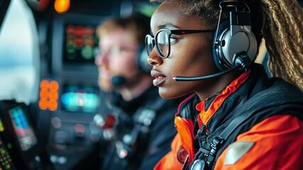 Focused paramedic in a helicopter during an emergency situation, illustrating teamwork and readiness, the female pilot is flying the helicopter in critical moments - Powered by Adobe