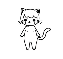 Cat human drawing. It is a black and white outline image of a cute feline, a cat with human-like features, standing upright with expressive eyes and a friendly demeanor. Vector sketch line art draw.