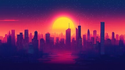 Fototapeta premium Sunset cityscape, vibrant silhouette, urban skyline, graphic art, retro aesthetic