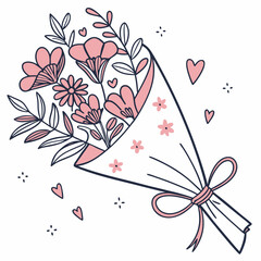 Line art bouquet in pink color Valentine's day gift. Vector graphic